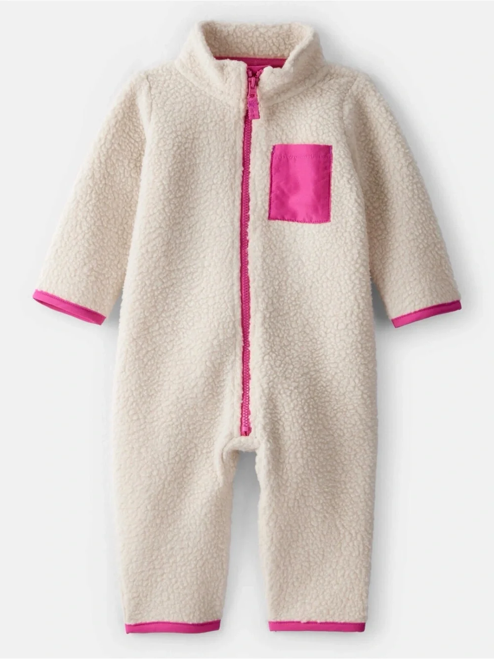 Cozy Cream Sherpa One-Piece with Pink Trim
